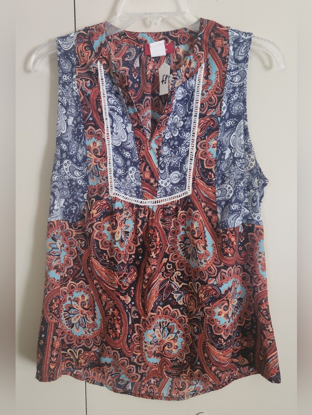 f8 Panhandle Boho Western Paisley V-Neck Tunic - Navy, Rust & Teal
